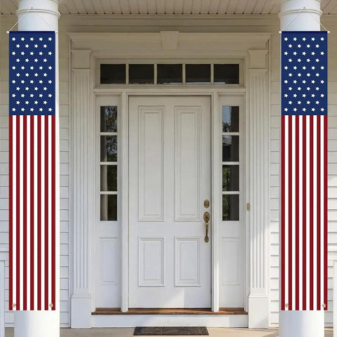 Pair Of Must Have Patriotic Porch Banners For 4th Of July And All American Holidays Outdoor Indoor Red White And Blue American Flag Decor Durable Oxford Material Easy Hang Signs For Memorial Day Veterans Day Presidents Day Independence Day And More displayed on a porch