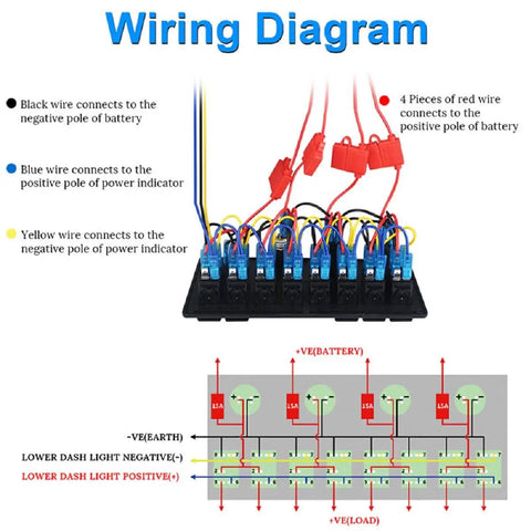 Wiring diagram for Beefy Eight Gang Waterproof Marine Rocker Switch Panel With Dual USB Ports And Cigarette Lighter Digital Voltage Display.