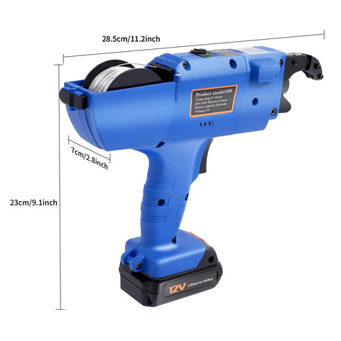 Heavy Duty Electric Rebar Tying Machine Auto Knot Release Gun 8-34mm Range shown, 12V battery-powered for concrete reinforcement.
