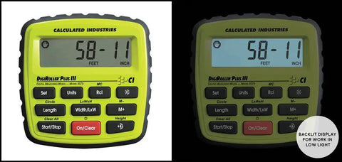 DigiRoller Plus III 12.5 Inch Electronic Distance Measuring Wheel with backlit display showing measurement in feet and inches.