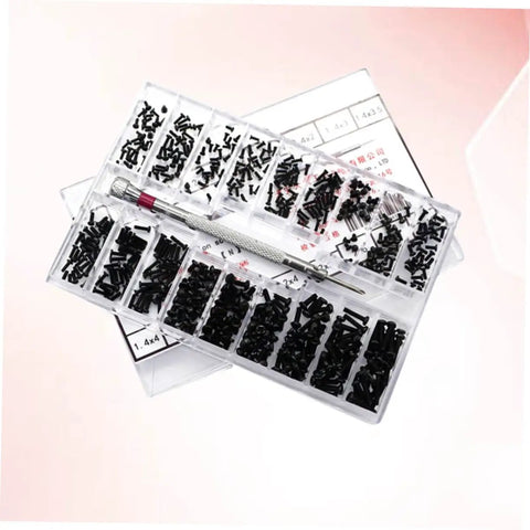 Miniature Screw Kit For Glasses, Watches And Electronics With Countersunk Round Head Screws, shown in a lightweight storage case
