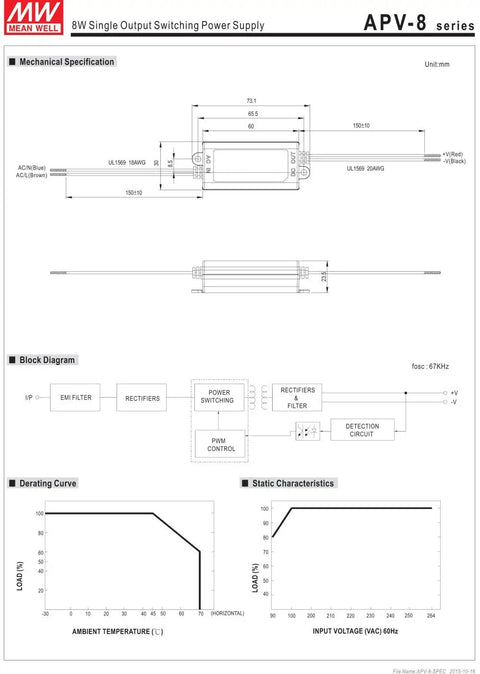 APV 8W 24V CV Mode LED Power Supply For Hardwired Lighting, mechanical drawing and specifications