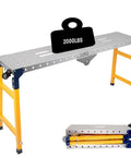 Boss Level Heavy Duty Folding Welding Table Workbench with 2000LB capacity, 65 inch steel top and yellow frame, showing wheels for mobility.