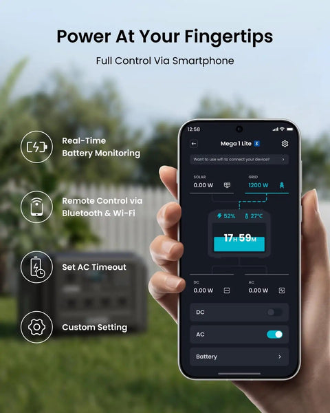 Hand holding smartphone showing control panel for Go-To Portable Power Station 1024Wh LiFePO4 Battery With 2000W AC Outlets And 4500W Peak