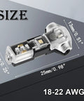 Wire Splice Connectors For 18-22 AWG Wires With T Tap Style 3 Way 1 Pin Solderless Low Voltage Connectors, labeled dimensions