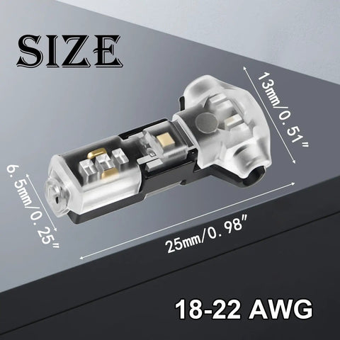 Wire Splice Connectors For 18-22 AWG Wires With T Tap Style 3 Way 1 Pin Solderless Low Voltage Connectors, labeled dimensions