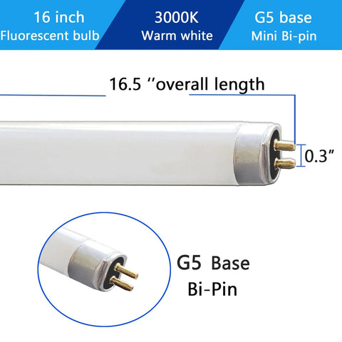 Close-up of Four Pack 16.5 Inch F10T5/830 Fluorescent Bulb Replacement For Jasco 10W 3000K Warm White Under Cabinet Lights, G5 base.