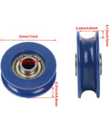 U-Groove POM Pulley Set Of 4, 5Mm Bore, 25Mm OD, Heavy Duty Track Roller For CNC And 3D Printer Motion, Rock-Solid, Low Friction Rotation, 30Kg Load Capacity, Ready For Easy Shaft Mount blue pulley with 25mm OD and 5mm bore, front and side view