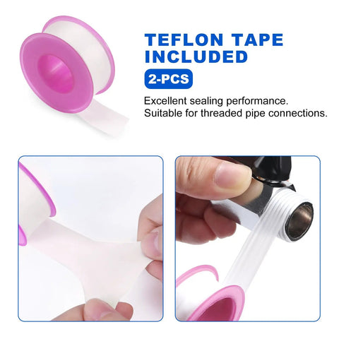 Teflon tape roll and installation process for 2 Pack One Half Inch Hot Water Heater Drain Plug Kit for RVs and Trailers.