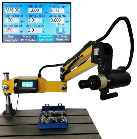 Heavy Duty Electric Tapping Arm With Eight Precision Chucks For Smooth Threading And Fast Setup On Industrial Machinery and Auto Parts Fabrication Jobs For All Metalworking Shops, control panel displayed.