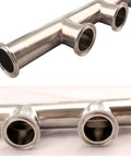 GOGOUP 1.5-inch 3-way stainless steel tri-clamp manifold, polished finish; side and end views.