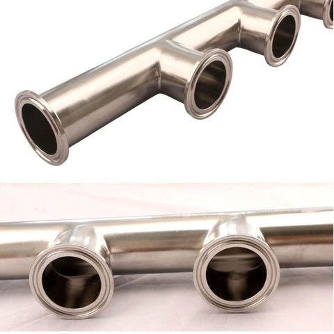 GOGOUP 1.5-inch 3-way stainless steel tri-clamp manifold, polished finish; side and end views.
