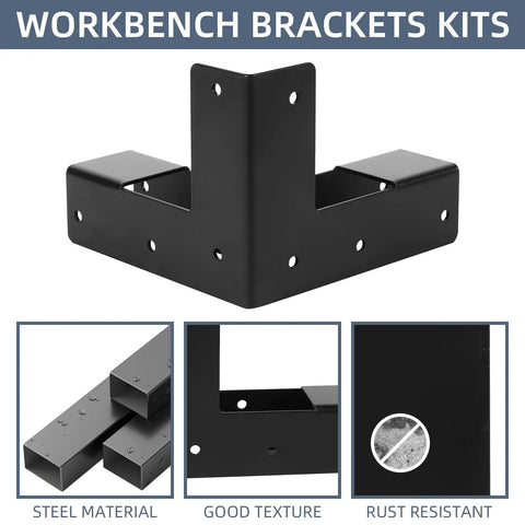 8 Piece 3 Way Workbench Corner Bracket Set For 2x4 Lumber Actual 1.5x3.5 Inch Wood Heavy Duty DIY Workbench Kit For Custom Work Table Black With Screws Included For Fast Setup And Strong Lasting Stability In Any Home Workshop