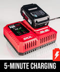 Super Compact One Handed Cordless Circular Saw Kit With Four And A Half Inch Blade Brushless Motor 20V Lithium Battery And Charger on charging station.