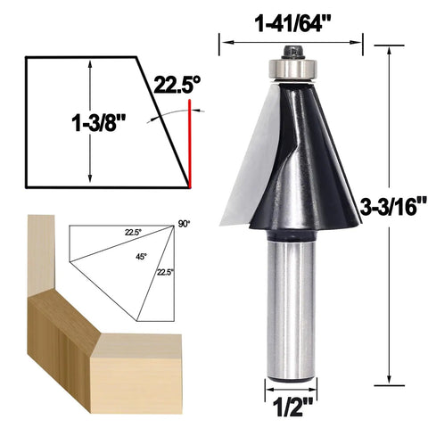 22.5-degree cutter from Six Piece Chamfer Router Bit Set Half Inch Shank Carbide Two Flute Bevel Bits For Edge Shaping And Miter Joints Angled Chamfer Cutters In 10 15 20 22 Point 5 30 45 Degrees For Woodworking Projects with dimensions