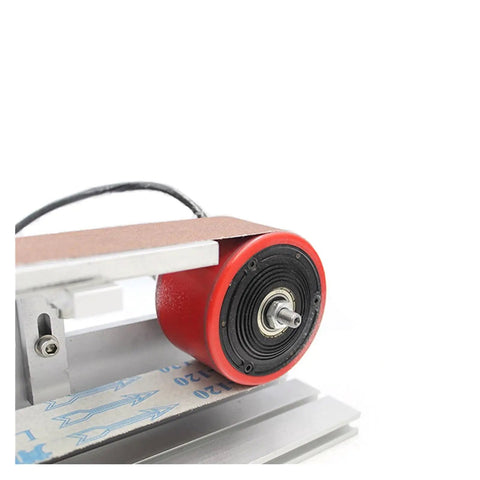 Close-up of Badass 600W Brushless Water Cooling Belt Sander And Polisher steel roller with sanding belt attachment.