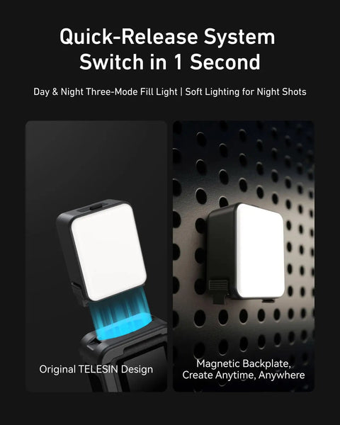 Mini LED Vlogging Light For Action Cameras And DJI Osmo Action Gear Magnetic Fill Light Quick Release Bracket on black background.