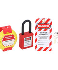 Self Adhesive Electric Panel Lockout Kit With A 13 Hole Strap And Two Clips For Safe Maintenance Lockout items including padlock.
