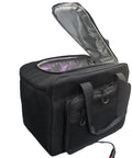 12V Plug In Electric Car Cooler Bag, 25 Liter Portable Beverage Fridge, black insulated bag with open lid and shoulder straps.