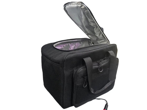 12V Plug In Electric Car Cooler Bag, 25 Liter Portable Beverage Fridge, black insulated bag with open lid and shoulder straps.