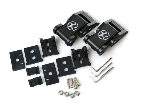 Heavy Duty Skull Hood Latch Set For Jeep Wrangler JL 2018 To 2024 And Gladiator JT showing steel latches, plates, and tools