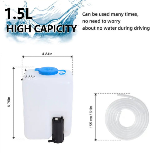 Universal Windshield Washer Pump Reservoir Kit 12V with 1.5L tank and hose, dimensions displayed, clear visibility on cars, trucks, SUVs