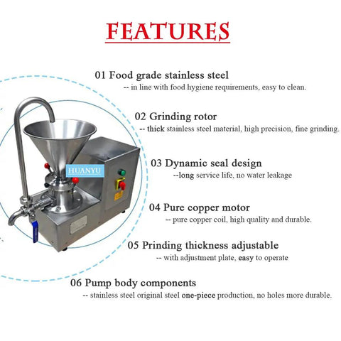 JMS60 Commercial Split Peanut Butter Maker Grinder Stainless Steel Mill Emulsifying Machine illustrated with features and design.