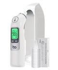 Infrared Ear Thermometer For Adults And Kids With Quick 1 Second Readings Backlit Display And 3 Color Fever Alarm Includes Storage Case For Safe Accurate Home Temperature Checks, with probe covers and stand