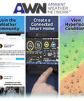 Three panels showing weather app community on phone, smart home weather station display, and hyperlocal weather map.