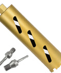 Pro Grade 3 Inch Dry Core Drill Bits For Cured Concrete With Rebar Brick Block Masonry 13 Inch Drilling Depth 330mm Diamond Segment Height 10mm Includes 2 Adapters For Easy Setup shown with adapters