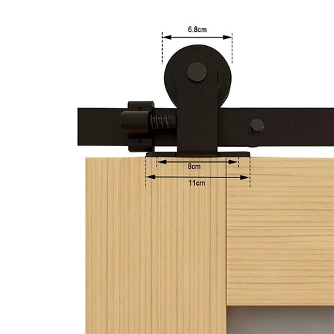 Close-up of Heavy Duty Sliding Barn Door Hardware Kit For Double Doors, Bypass Rail System, Carbon Steel Frame With Stainless Bearings.