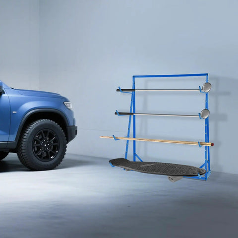Legit Heavy Duty Steel Cantilever Storage Rack With 440 Lb Capacity Adjustable Arms for PVC pipes, featuring metal shelves beside a vehicle.
