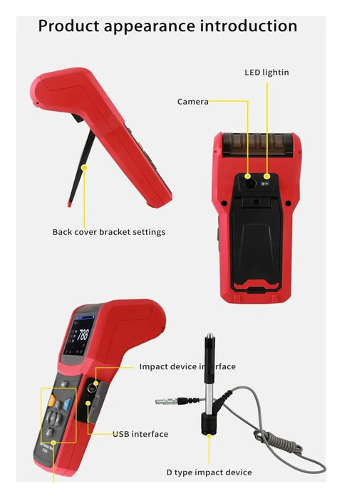 Top Tier Portable Digital Hardness Tester For Steel And Metal Featuring Vickers And Rockwell Scales 640 By 480 Pixel Display, showing interfaces and camera.