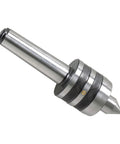 MT4 live center with Morse taper; side view shows 60° point, knurled collar, silver metal finish.