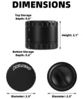 Dimensions of 2.5 Inch Aluminum Herb Grinder With Top Storage And Large Bottom Chamber 3 Piece 4 Part Spice Grinder With Anti Jam Teeth.