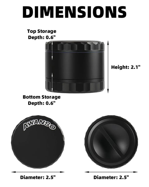 Dimensions of 2.5 Inch Aluminum Herb Grinder With Top Storage And Large Bottom Chamber 3 Piece 4 Part Spice Grinder With Anti Jam Teeth.