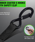 Close-up of rubber-coated S hooks with safety clips on 4 Pack Retractable Ratchet Straps 1 Inch x 10 Feet 1650 Pound Break Strength