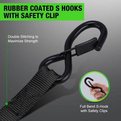 Close-up of rubber-coated S hooks with safety clips on 4 Pack Retractable Ratchet Straps 1 Inch x 10 Feet 1650 Pound Break Strength