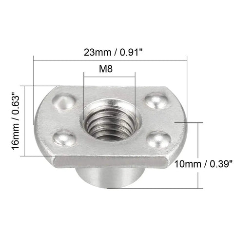 Tough As Nails M8 Welding Nuts With Tab Base And Four Projections, Shop Grade Carbon Steel Body, UNC Threads, dimensions displayed.