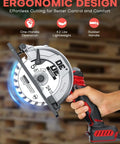 Six Inch Cordless Mini Circular Saw With Brushless Motor And 5900 RPM Blade Compatible With Milwaukee M18 Battery held in hand, ergonomic design shown.