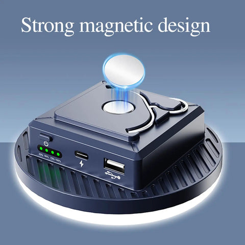 Rechargeable Camping Lantern With 13200MAh Battery And 4500 Lumens showing strong magnetic design and USB ports