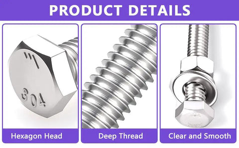 Premium 304 Stainless Steel Hex Bolt Nut Washer Assortment Kit showing hexagon head, deep thread, and clear smooth finish.