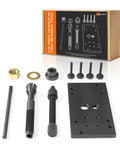 Harley M8 cam bearing tool kit; front view shows inner camshaft puller and installer, base plate and brass nut