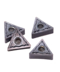 Check Out These 10 Pc Indexable Carbide Lathe Tools With Tough TNMG160408 Inserts And A Super Sharp Edge That Rocks On Stainless Steel Plus Heavy Duty Hard Alloy Turning Blades For All Your Metal Fabrication Jobs. Close-up of TNMG160408 inserts in dark gray.