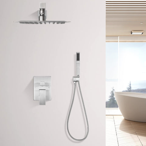 Concealed Dual Function Pressure Balanced Shower Valve With Rainfall Head Hand Shower And Hose in Brushed Nickel Finish in bathroom
