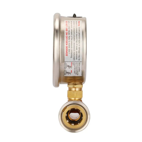 Side view of Pro Grade Pressure Washer Gauge Kit with Three Eighths Inch Quick Connect and glycerin-filled dial 0-5000 PSI.