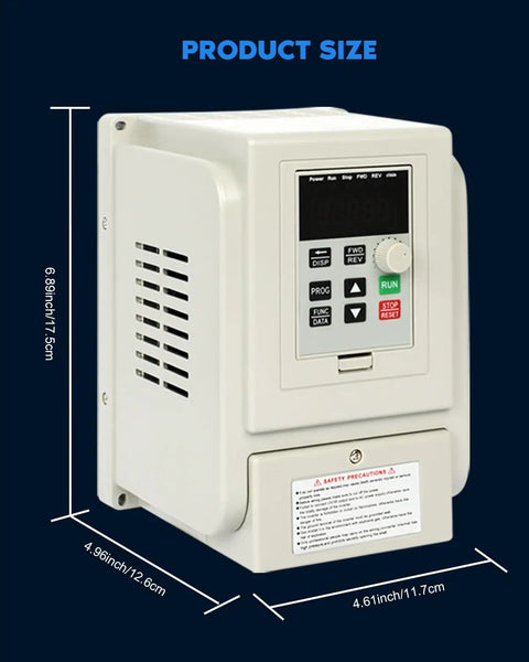 220V VFD Inverter 4KW 6HP 20A Variable Frequency Drive front view with dimensions for spindle motors and CNC machines