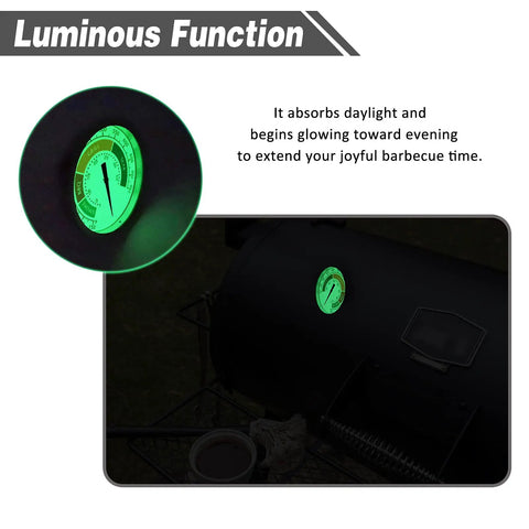 Three And One Eighth Inch Luminous BBQ Thermometer Gauge Replacement For Smokers And Grills glowing in the dark