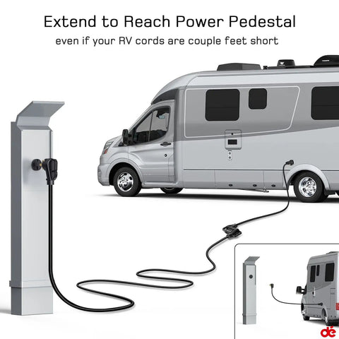 Heavy Duty 50 Amp RV And EV Extension Cord 15 Feet With Grip Handle in use connecting RV to power pedestal