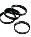 Heavy Duty 4 Pack Hub Centric Rings 73.1mm Outer 60.1mm Inner Bore Slick Black Plastic Adapters stacked on a white background.